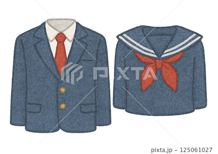 中学生の制服イラスト（セーラー服と学ラン風ブレザー／白背景素材） 125061027
