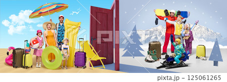 Happy family with suitcases split between summer and winter seasons. Sunny beach with umbrella and snowy mountains with snowboards, sled. Collage. Happy family with suitcases split between summer and winter seasons. Sunny beach with umbrella and snowy mountains with snowboards, sled. Collage. 125061265