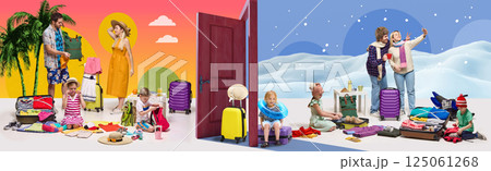 Split scene of happy family packing for summer beach trip and winter adventures, showing suitcases, warm and snowy landscapes. Collage. 125061268