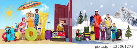 Parents, kids and dog in beachwear with luggage, sunny getaway, packed for cold trip through magical door into snowy mountain resort. Collage. 125061272