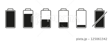 Battery Charge Level Solid Icon Set. Battery And Energy States Silhouette Symbol Collection. Isolated Vector Illustration 125061342