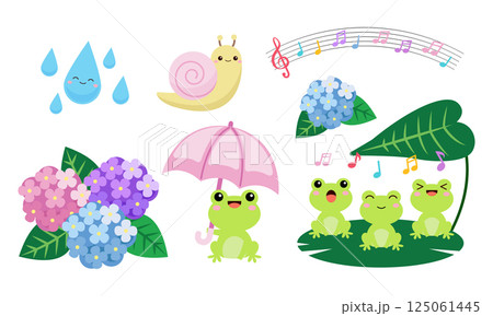 Cute rainy season clip art, hydrangeas flower and frog singing Cute rainy season clip art, hydrangeas flower and frog singing 125061445