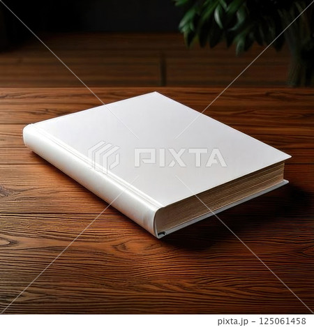 A stack of literature books on a wooden table in a grand library, filled with rows of bookshelves. 125061458