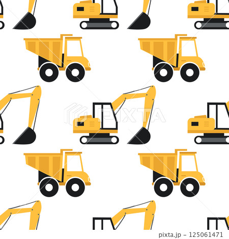 Seamless pattern with yellow construction trucks and excavators. Cute nursery wallpaper design. 125061471
