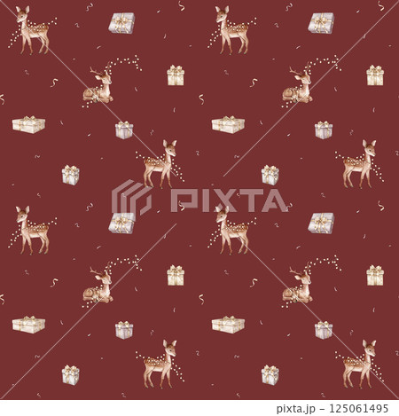 Seamless pattern Christmas baby deer and garland of warm bulbs. Watercolor hand drawn animals with gift boxes in cute nature colors. Realistic animal for design and print or background for holiday. 125061495