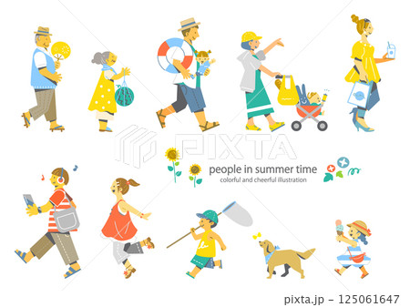 夏を喜ぶいろいろな人々　カラフルで楽しいフラットイラスト 125061647
