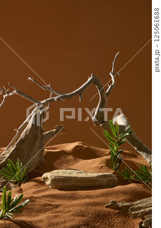 Desert weeds growing around the sun-burnt brown sand. Dry sand grains form uneven ripples and extrusions. Light-colored stone slab with striated edges showing signs of erosion. Vertical photo.  125061688
