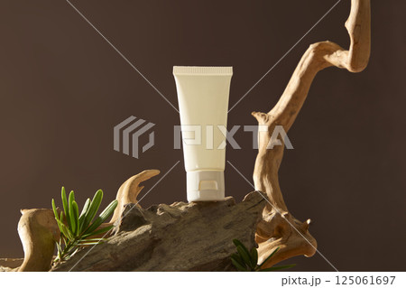 Mockup tube of cream stands on a desert driftwood, the edges of the wood rough and uneven. The light brown trunk curves around with sharp thorns and bright veins. Desert shrubs grow around the trunk. Mockup tube of cream stands on a desert driftwood, the edges of the wood rough and uneven. The light brown trunk curves around with sharp thorns and bright veins. Desert shrubs grow around the trunk. 125061697