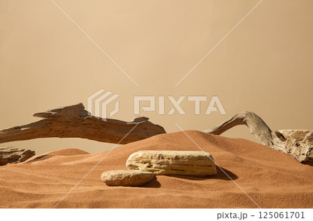 Rough-surfaced boulders set in a sand field in the desert, with weather-worn edges. Dry brown sand forming undulating sand dunes, uneven surface. Wrinkled, rough and rugged dry tree branches. 125061701