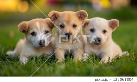 芝生の上で寄り添うかわいい3匹の子犬たちのポートレート 芝生の上で寄り添うかわいい3匹の子犬たちのポートレート 125061804