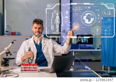 Medicine doctor hand working with modern digital tablet and laptop computer interface as medical network concept. Medicine doctor hand working with modern digital tablet and laptop computer interface as medical network concept. 125061847