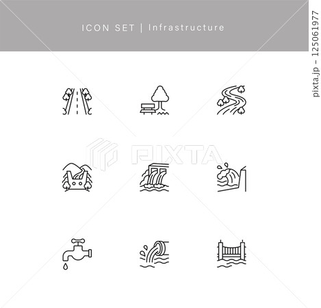 河川や海岸,道路などのインフラ線画アイコンセット 河川や海岸,道路などのインフラ線画アイコンセット 125061977