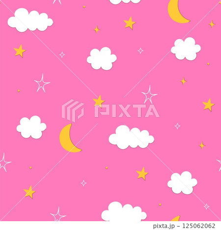 Simple seamless pattern with stars, moons and clouds on a pink background. Vector graphics. 125062062