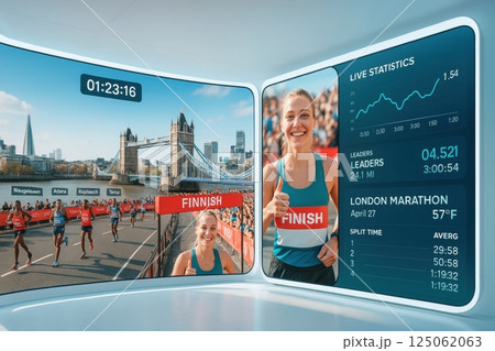 Data visualization panels track race progress and athlete finish status in modern performance monitoring studio with clean layout. Data visualization panels track race progress and athlete finish status in modern performance monitoring studio with clean layout. 125062063