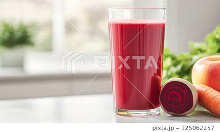 ABC juice with apple, beetroot, and carrot on a marble table, illuminated by soft morning light ABC juice with apple, beetroot, and carrot on a marble table, illuminated by soft morning light 125062257
