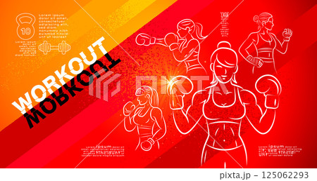 Textured stroke-style vector illustration of diverse people working out. Features bold line art with vibrant colors and hand-drawn textures. 125062293