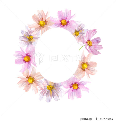Oval Frame of Pink Watercolor Flowers 125062563