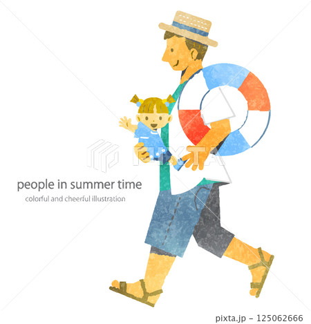夏を喜ぶ女の子とお父さん カラフルで楽しい水彩風イラスト 夏を喜ぶ女の子とお父さん カラフルで楽しい水彩風イラスト 125062666