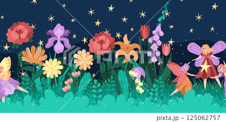 Seamless vector border of fairies dancing in fantasy garden with bright flowers. Starry night sky and lush foliage background. Magical garden scene with winged girls in round dance. 125062757