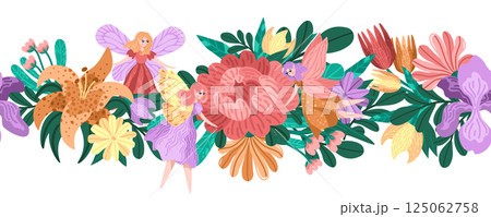Decorative seamless border with garden flowers. Vector bunch with bright blossoms, cute fairies and leafy lush greens. Whimsical wildflower scene with textured petals. For spring-themed prints 125062758
