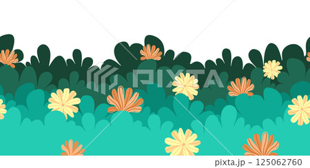 Decorative seamless border with spring bush and yellow orange flowers. Vector illustration with bright blossoms and leafy lush green. Whimsical wildflower scene for spring-themed textile prints Decorative seamless border with spring bush and yellow orange flowers. Vector illustration with bright blossoms and leafy lush green. Whimsical wildflower scene for spring-themed textile prints 125062760