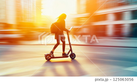 Professional woman rides an e-scooter with laptop backpack in a tech district during the late afternoon sun. Professional woman rides an e-scooter with laptop backpack in a tech district during the late afternoon sun. 125063056