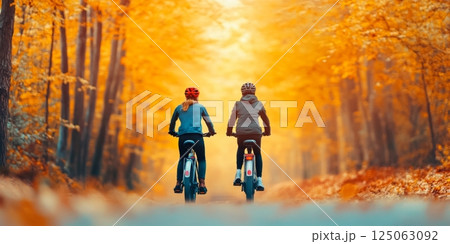 Couple enjoys a scenic ride on electric bikes surrounded by colorful autumn leaves in a wooded trail. Couple enjoys a scenic ride on electric bikes surrounded by colorful autumn leaves in a wooded trail. 125063092