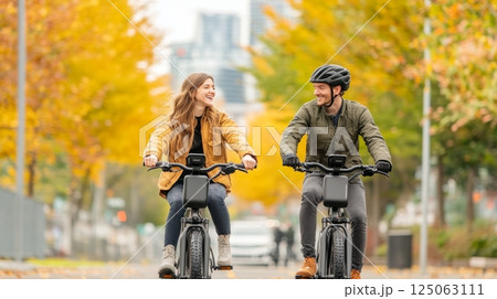 Couple smiles at each other while riding electric bikes through a lively city park on a sunny weekend. Couple smiles at each other while riding electric bikes through a lively city park on a sunny weekend. 125063111