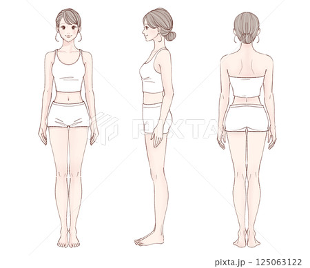 女性全身イラストセット【前・横・後】 女性全身イラストセット【前・横・後】 125063122