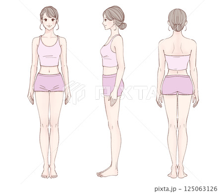 女性全身イラストセット【前・横・後】 125063126