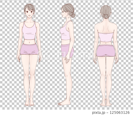 女性全身イラストセット【前・横・後】 125063126