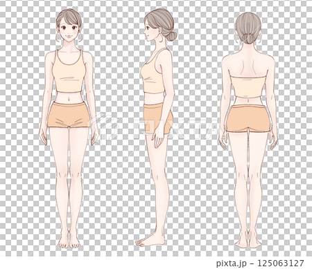 女性全身イラストセット【前・横・後】 女性全身イラストセット【前・横・後】 125063127