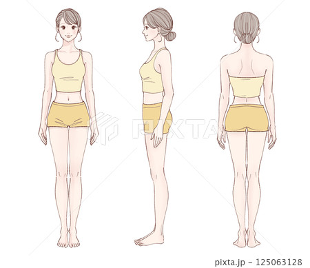 女性全身イラストセット【前・横・後】 女性全身イラストセット【前・横・後】 125063128