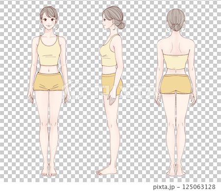 女性全身イラストセット【前・横・後】 女性全身イラストセット【前・横・後】 125063128