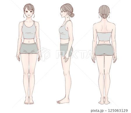 女性全身イラストセット【前・横・後】 125063129
