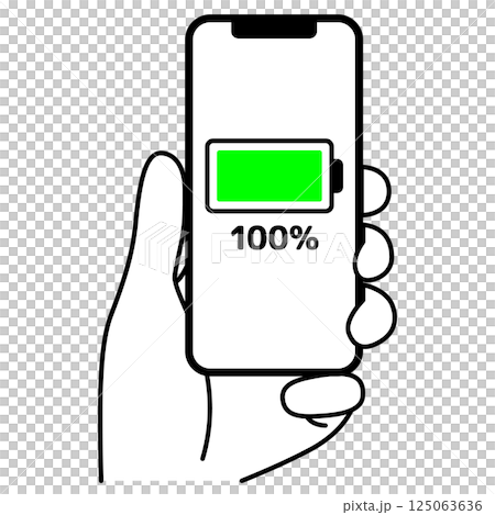 Hand holding a smartphone with 100% battery Hand holding a smartphone with 100% battery 125063636