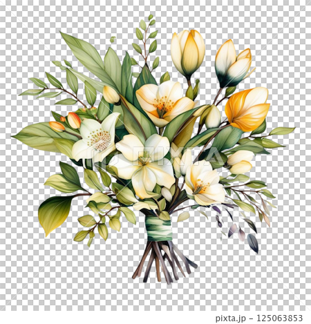 Watercolor of Tropical spring floral green leaves and flowers s isolated on transparent png background, bouquets greeting or wedding card decoration  125063853