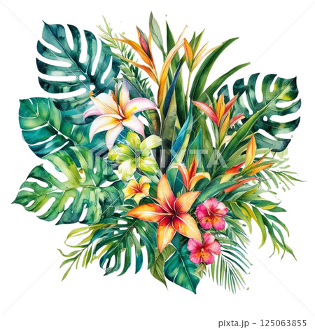 Watercolor of Tropical spring floral green leaves and flowers s isolated on transparent png background, bouquets greeting or wedding card decoration  125063855
