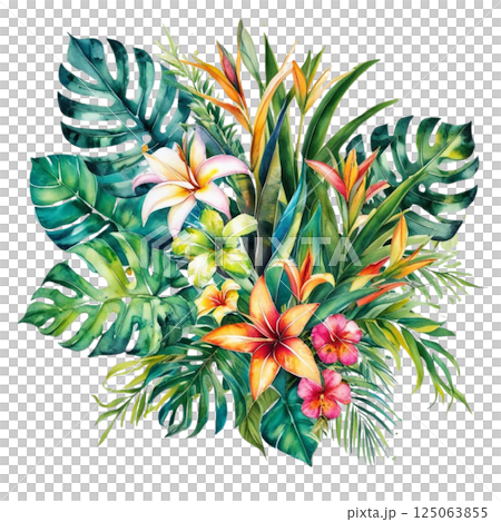 Watercolor of Tropical spring floral green leaves and flowers s isolated on transparent png background, bouquets greeting or wedding card decoration  125063855
