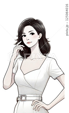 整った顔立ちの30代の美しい日本人女性、腰に当て、思慮深げに立っているイラスト 125064016