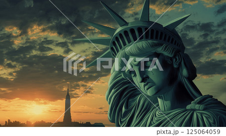 Sad crying face of the Statue of Liberty with the Empire State Building at sunset, a symbolic image of crisis in New York City 125064059
