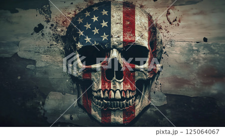 Skull with US flag painted on representing decline of democracy and social issues in United States 125064067