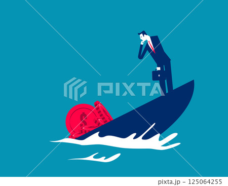 Hapless businessman watching overweight coin cause a ship to tilt and sink, Shipwrecks 125064255