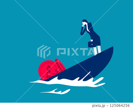 Hapless businesswoman watching overweight coin cause a ship to tilt and sink, Shipwrecks Hapless businesswoman watching overweight coin cause a ship to tilt and sink, Shipwrecks 125064256