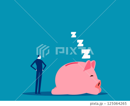 Businessman looking to the sleeping piggy banks, Negative financial markets, negative business investment markets Businessman looking to the sleeping piggy banks, Negative financial markets, negative business investment markets 125064265