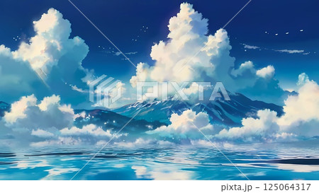ゲーム背景 天空の山と反射する湖のある風景 ゲーム背景 天空の山と反射する湖のある風景 125064317