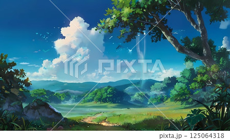 ゲーム背景 美しい草原と森の入り口にある青空風景 ゲーム背景 美しい草原と森の入り口にある青空風景 125064318