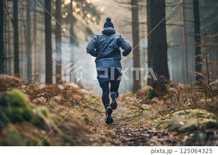 Man is running through a forest with a hat on 125064325