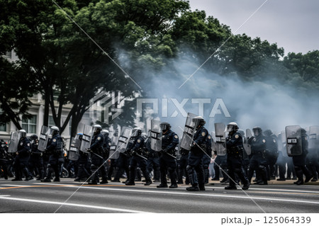 Group of police officers march down a street wearing riot gear 125064339