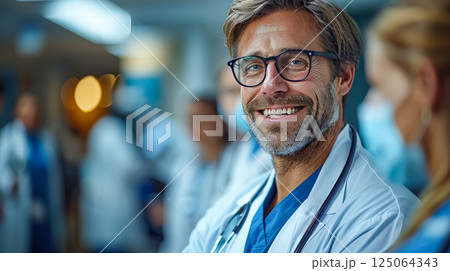 Man in a white lab coat is smiling and wearing glasses 125064343
